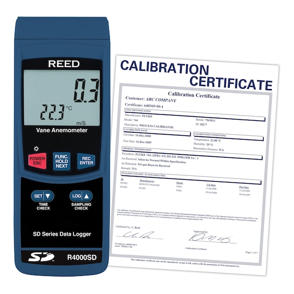 REED R4000SD Data Logging Vane Thermo-Anemometer, includes ISO Certificate